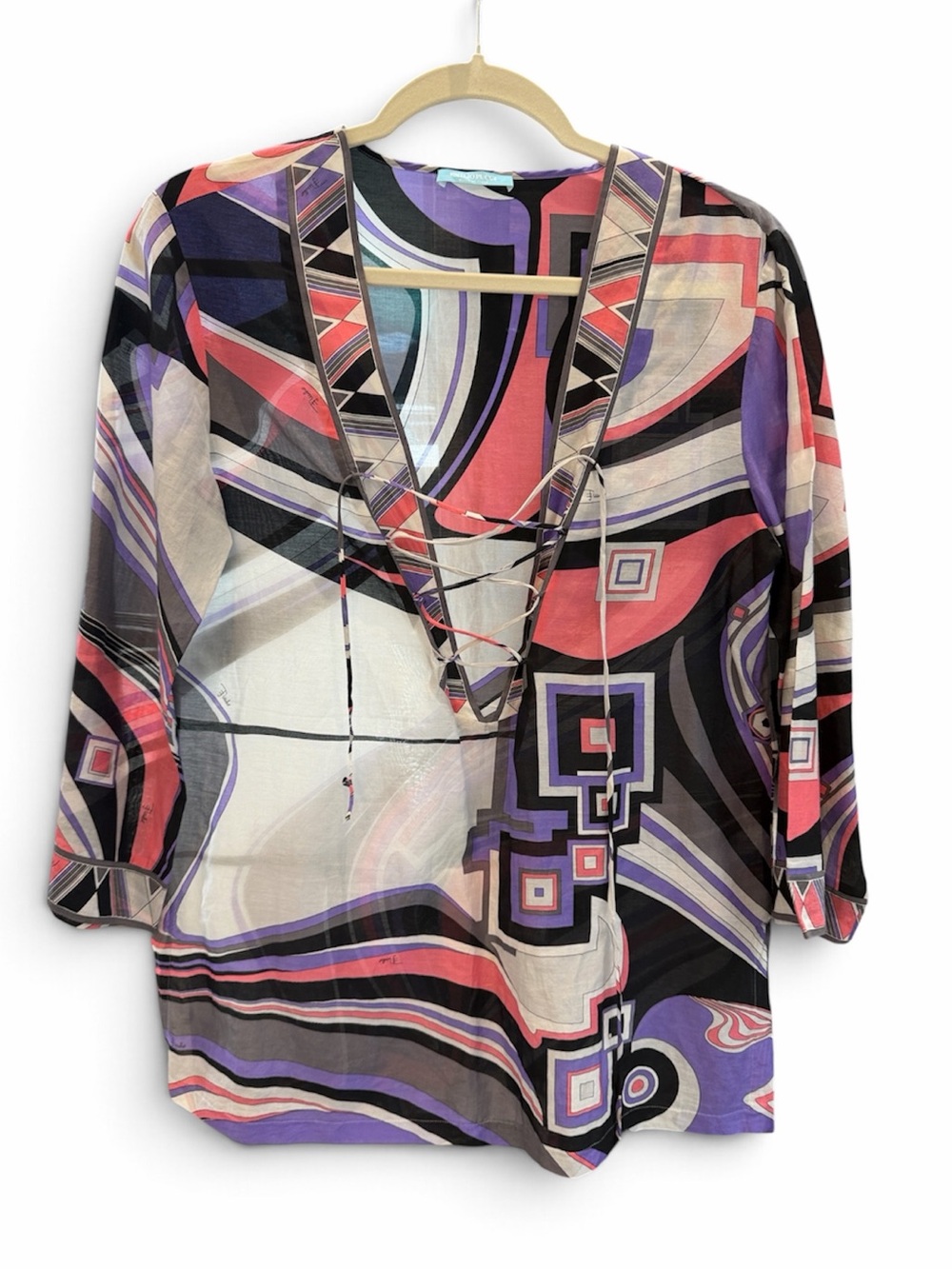 Emilio Pucci Geometric Print Silk Lace-Up Tunic Top Blouse in Purple & Black